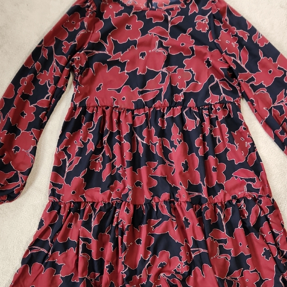 Haliey and Co. Maroon and Navy Floral Long Slee Dress with Tiered Skirt - Medium